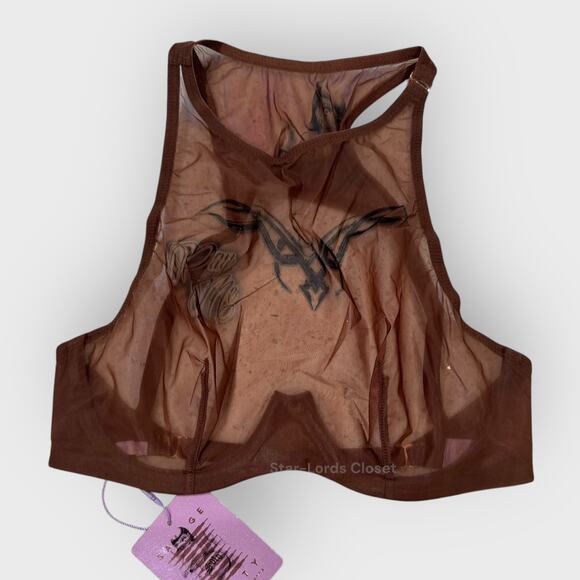Savage X Fenty Tattooed Tricot High Neck Bra 32C Brown Lace Detail Sexy Lingerie - Picture 2 of 9